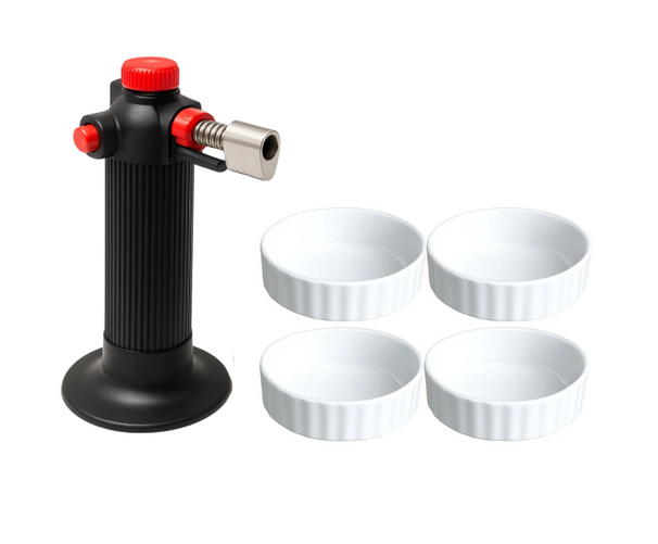 Set para crème brûlée Cookinglife - Quemador / Soplete de cocina + Moldes para crème brûlée ø 12 cm - 4 unidades