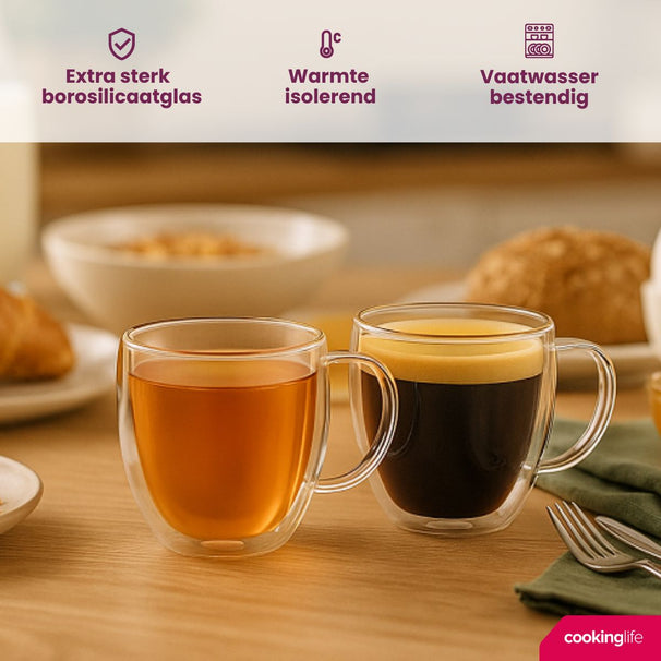 Cookinglife Vasos de café / té de doble pared con asa 280 ml - 2 unidades