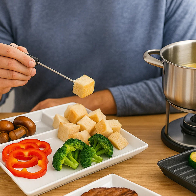 ¿Dónde colocas la carne cruda, el aceite y las salsas en la mesa?