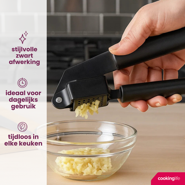 Cookinglife Prensa de ajo negro 19 cm - Prensa para ajo fresco - Fácil de limpiar - Parte prensadora de acero inoxidable resistente - Mangos cómodos de plástico - Duradero y elegante - 190 x 50 x 30 mm - Utensilios de cocina - Accesorios de cocina