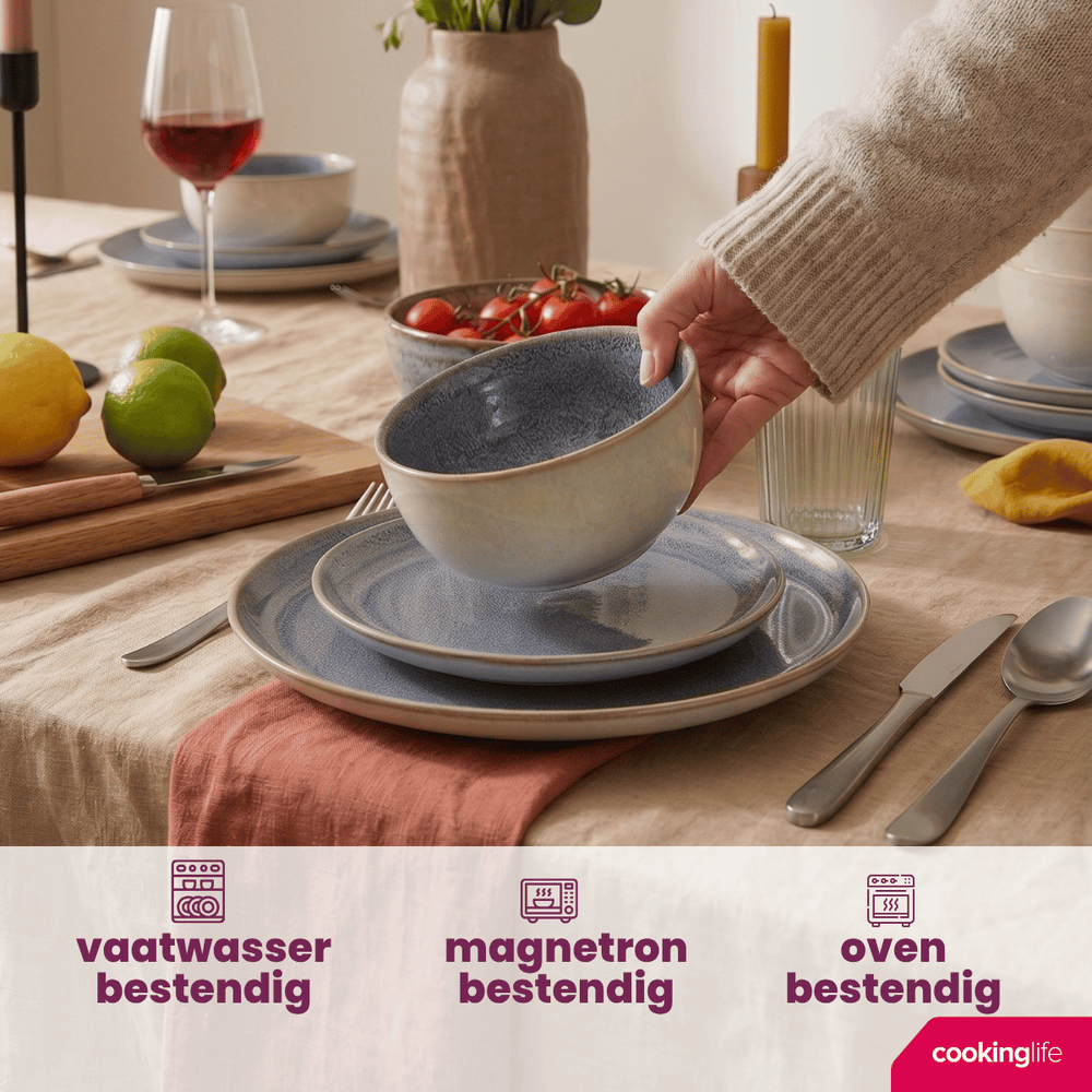 Set de vajilla Serene Blue 12 piezas / 4 personas - 4 platos llanos, 4 platos de desayuno y 4 tazones