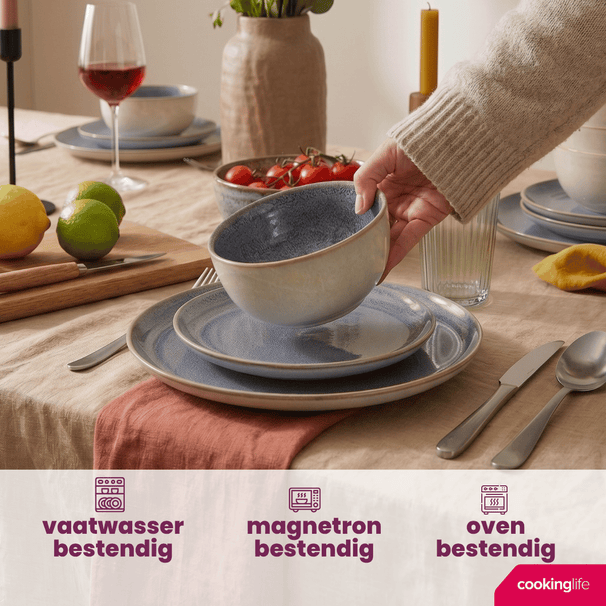 Set de vajilla Serene Blue 12 piezas / 4 personas - 4 platos llanos, 4 platos de desayuno y 4 tazones