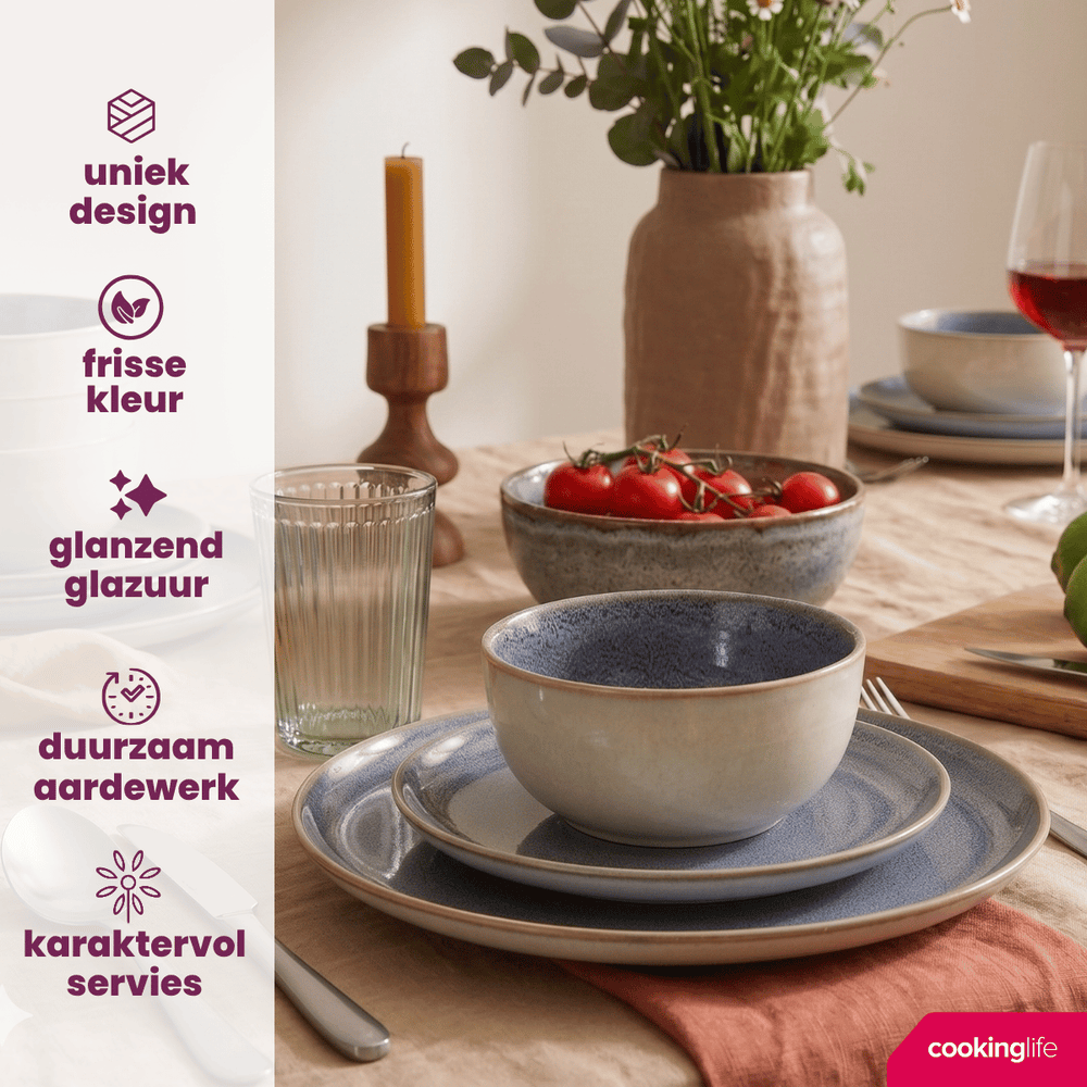 Set de vajilla Serene Blue 12 piezas / 4 personas - 4 platos llanos, 4 platos de desayuno y 4 tazones