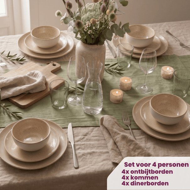 Set de vajilla Serene Arena 12 piezas / 4 personas - 4 platos llanos, 4 platos de desayuno y 4 tazones