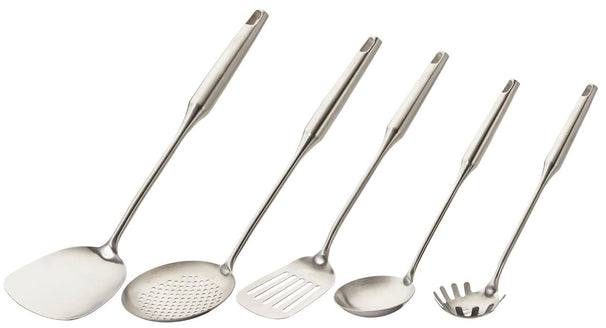 Cookinglife Set de espátulas ProLine acero inoxidable - Set de herramientas de cocina - 5 piezas - Espátula, espátula para hornear, cucharón para espaguetis, cucharón para sopa y espumadera