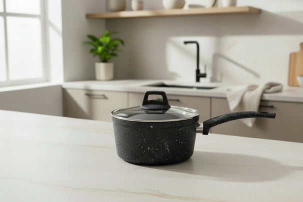 Cookinglife Cazo / cacerola con tapa - Black Speckle - Aluminio ø 18 cm / 2.2 litros - Apto para todas las fuentes de calor - recubrimiento antiadherente estándar