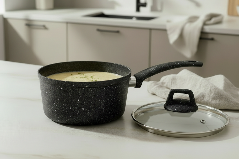 Cookinglife Saucepan with lid - Black Speckle - Aluminium ø 18 cm / 2.2 liters - Suitable for all heat sources - standard non-stick coating