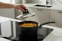 Cookinglife Saucepan with lid - Black Speckle - Aluminium ø 18 cm / 2.2 liters - Suitable for all heat sources - standard non-stick coating