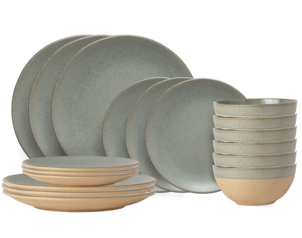 Costa Nova Juego de vajilla Arenito Sage Green 18 piezas / 6 personas - 6 platos de cena, 6 platos de desayuno & 6 cuencos
