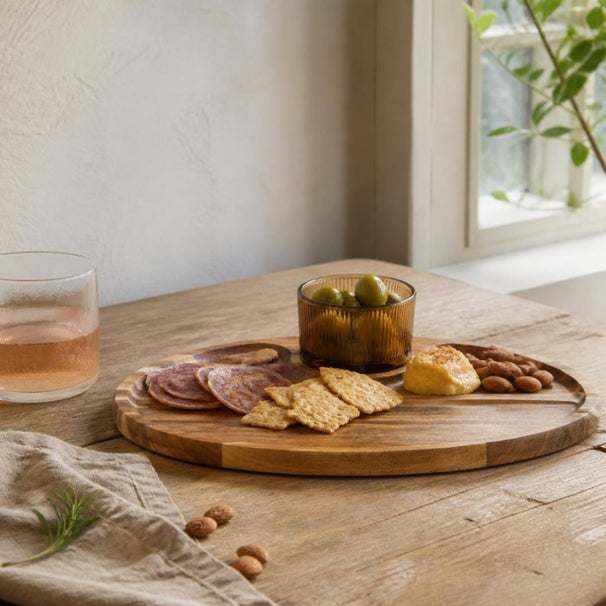 Cosy & Trendy Tabla de Aperitivos con Cuenco de Vidrio Soluna 2 piezas - Madera de Acacia - 35 x 25 cm