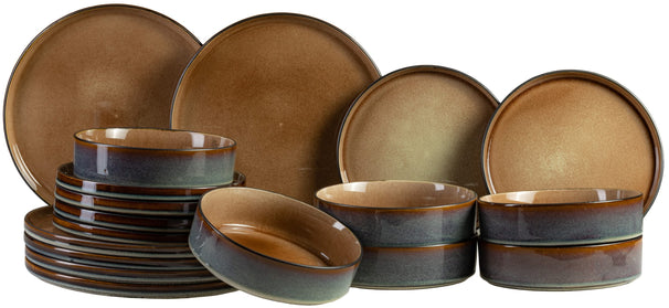 Cosy & Trendy Juego de vajilla Quintana Amber 18 piezas / 6 personas - 6 platos llanos, 6 platos hondos y 6 platos para desayuno