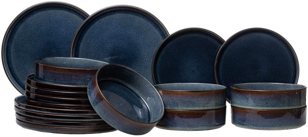 Juego de vajilla Cosy & Trendy Quintana Azul 18 piezas / 6 personas - 6 platos de cena, 6 platos hondos y 6 platos de desayuno