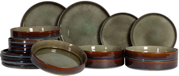 Set de vajilla Cosy & Trendy Quintana Green 18 piezas / 6 personas - 6 platos llanos, 6 platos hondos y 6 platos de desayuno