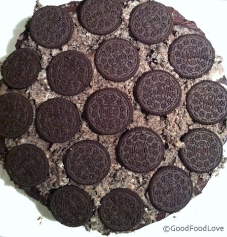 A decadent chocolate cake with creamy Oreo buttercream
