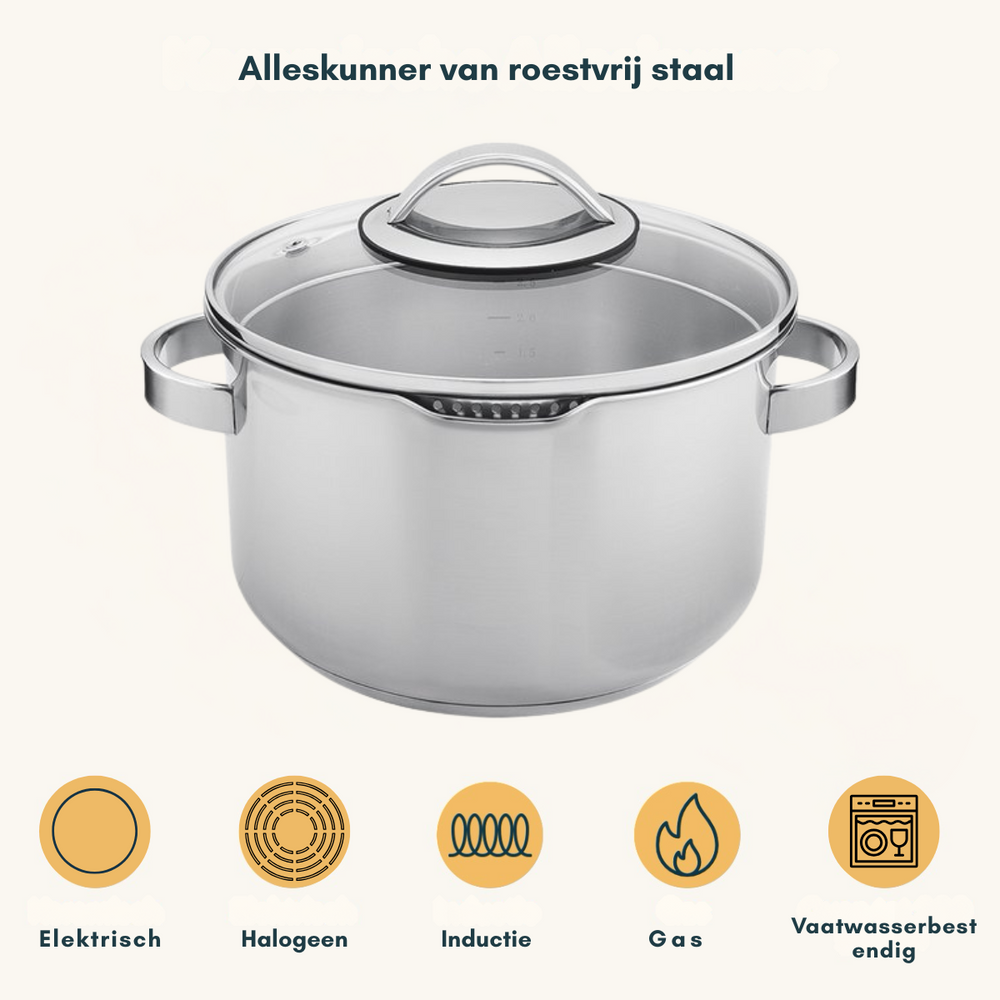 Sola Cookware set Diamond 5-piece stainless steel – downdraft suitable – cooking pots Ø 16, 18, 20, 24 cm & saucepan Ø 16 cm – suitable for all heat sources