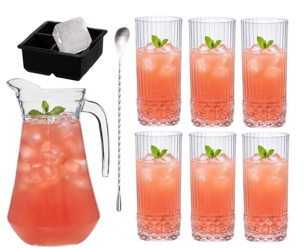 Cocktailset Dolle Mina - Decantador 1.6 L con 6 vasos de long drink 490 ml, cuchara de cóctel & molde para cubitos de hielo