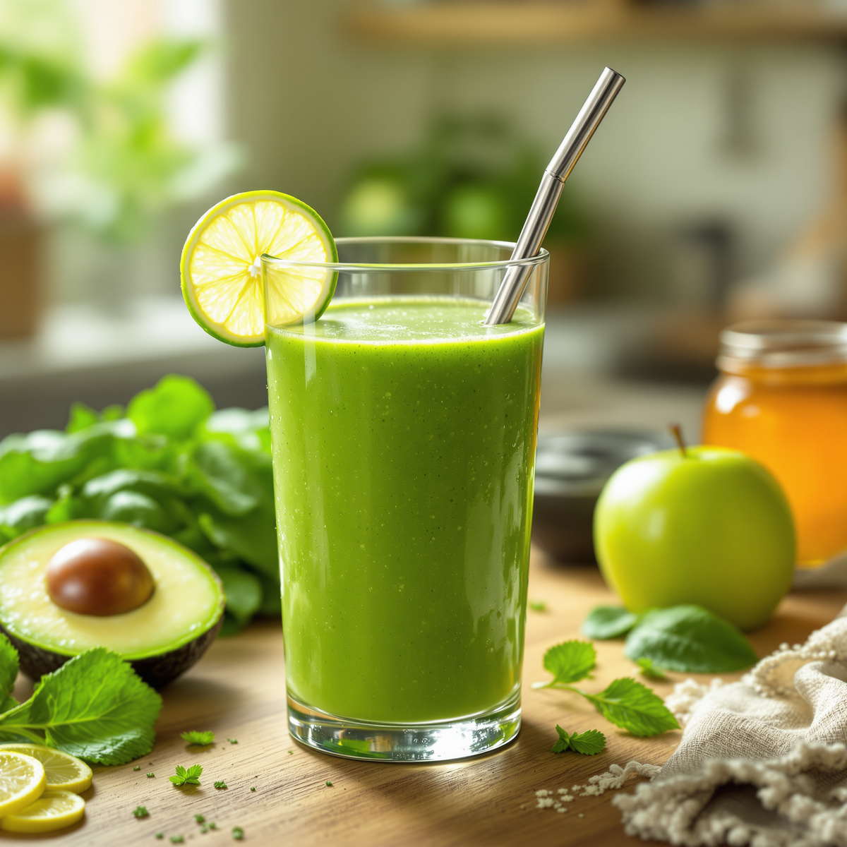 Fresh and nutritious green smoothie with pear, banana and mint