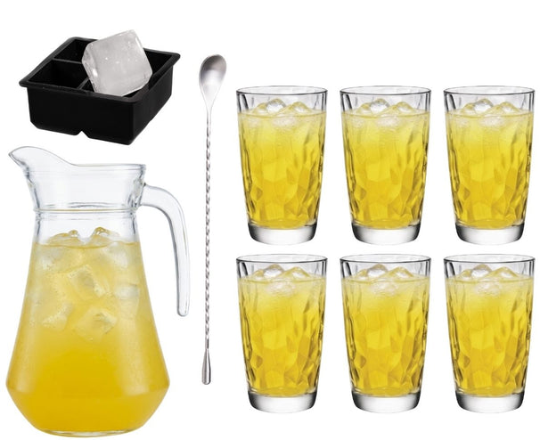 Cocktailset Gele Peter - Carafe 1,6 L con 6 vasos de long drink 470 ml, cuchara de cóctel y molde para hielo