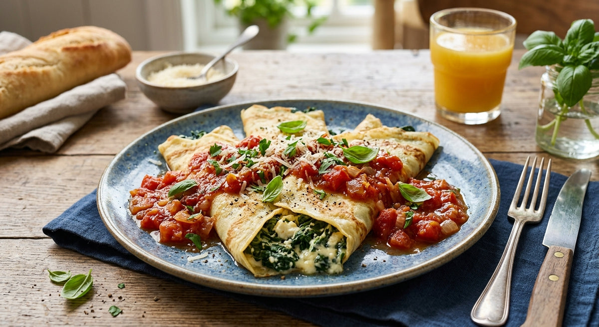 Delicious spinach and cheese stuffed crêpes with tomato sauce