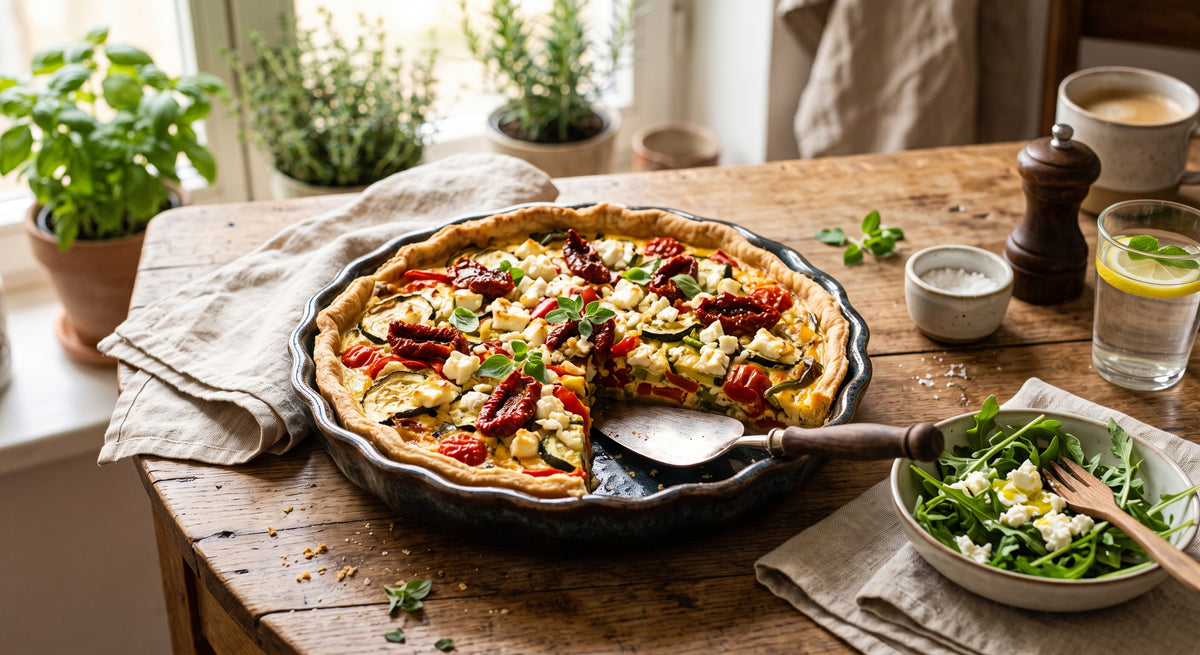 A tasty quiche full of color, flavor and soft cheese.