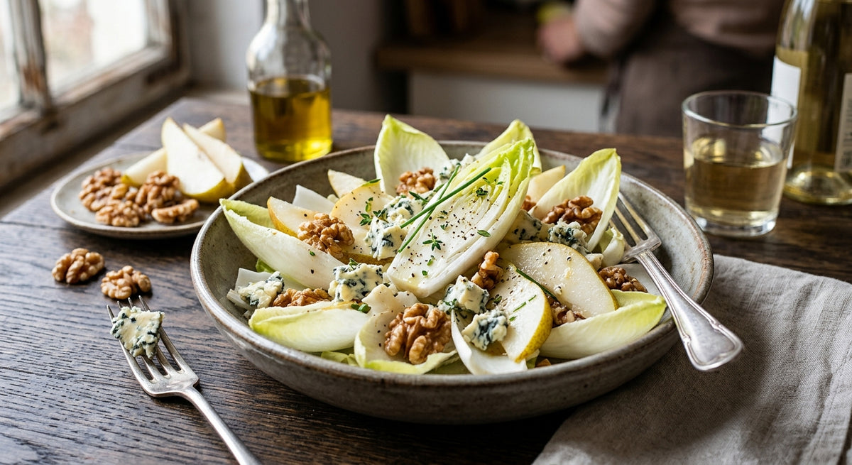 A fresh salad with Belgian endive, pear, blue cheese and a creamy honey dressing