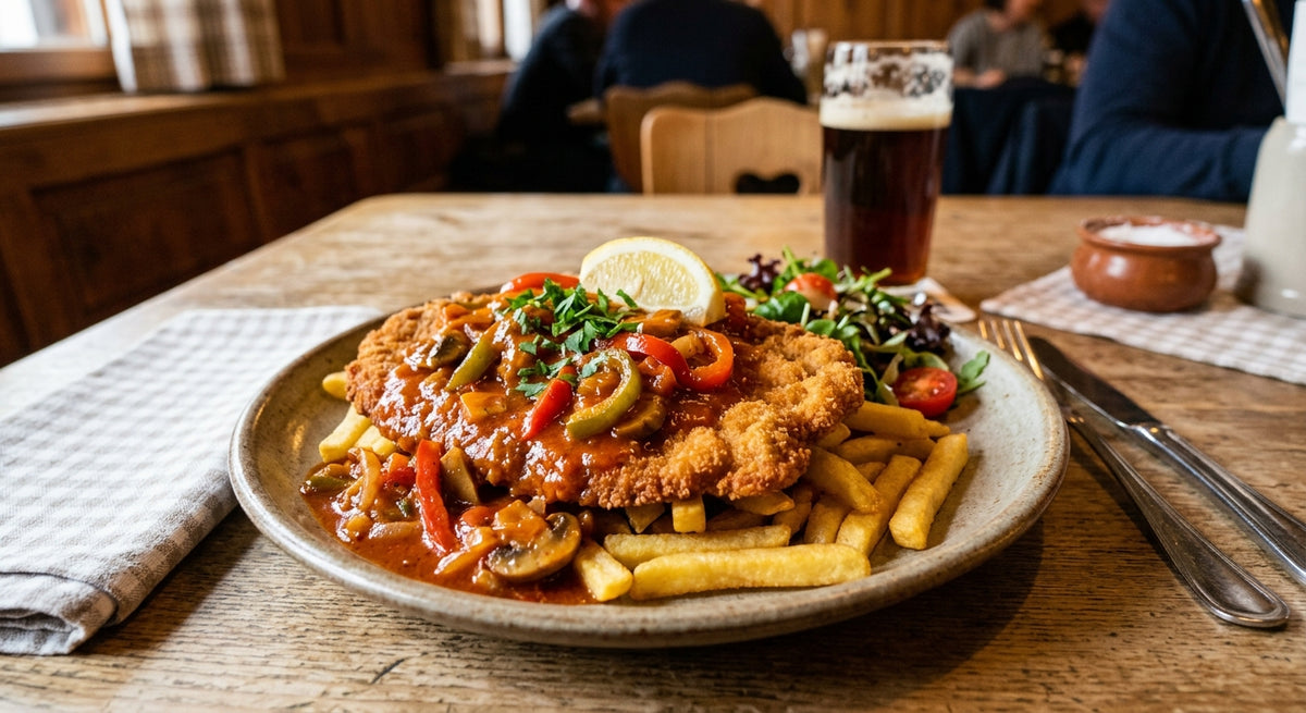 Crispy breaded schnitzel with a spicy bell pepper sauce