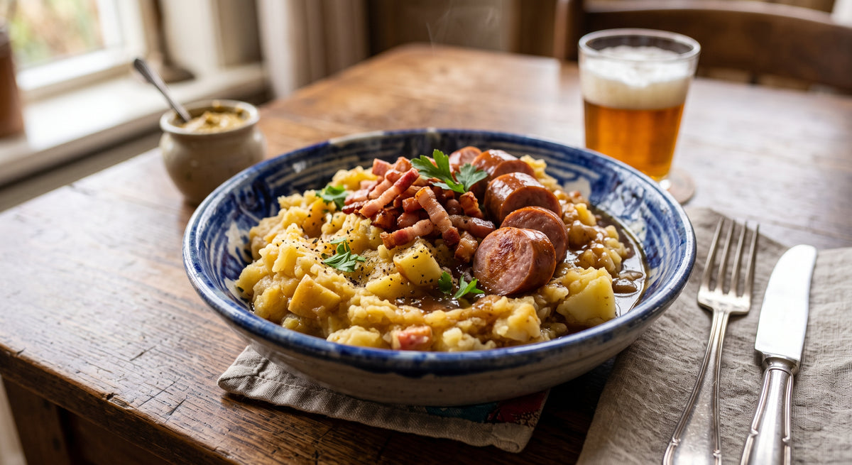 Stamppot of potato and apple with bacon, just like grandma used to make