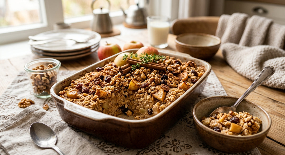 A tempting breakfast with apple, cinnamon, walnuts and raisins.