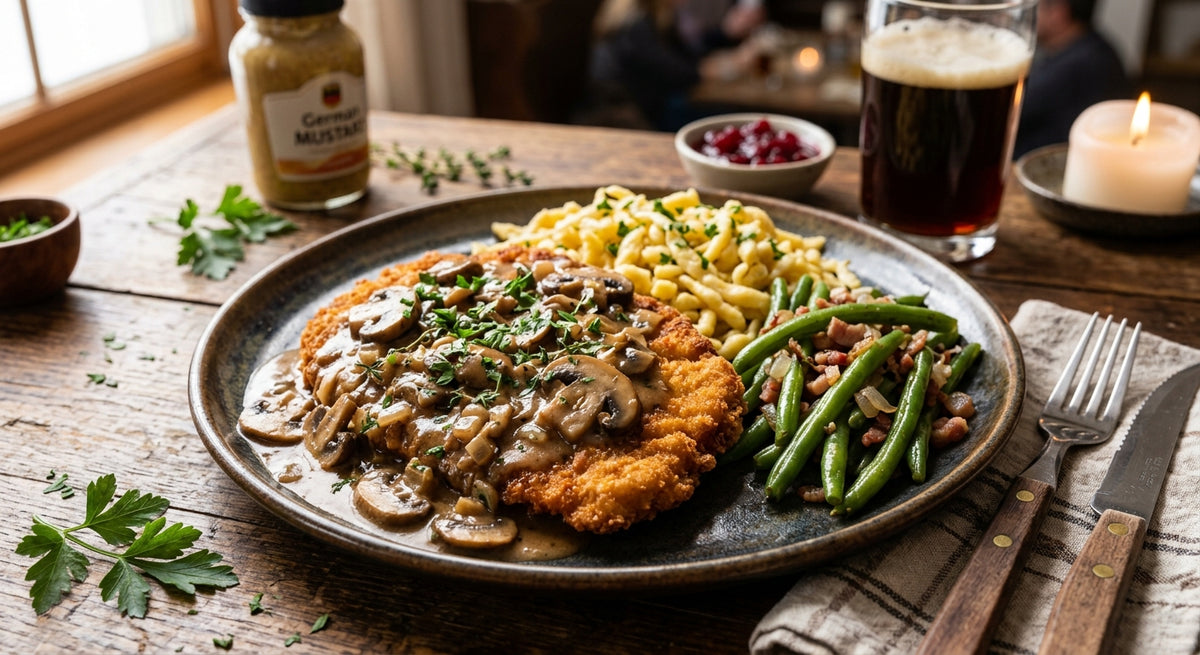 Crispy schnitzel with a rich, savory mushroom sauce