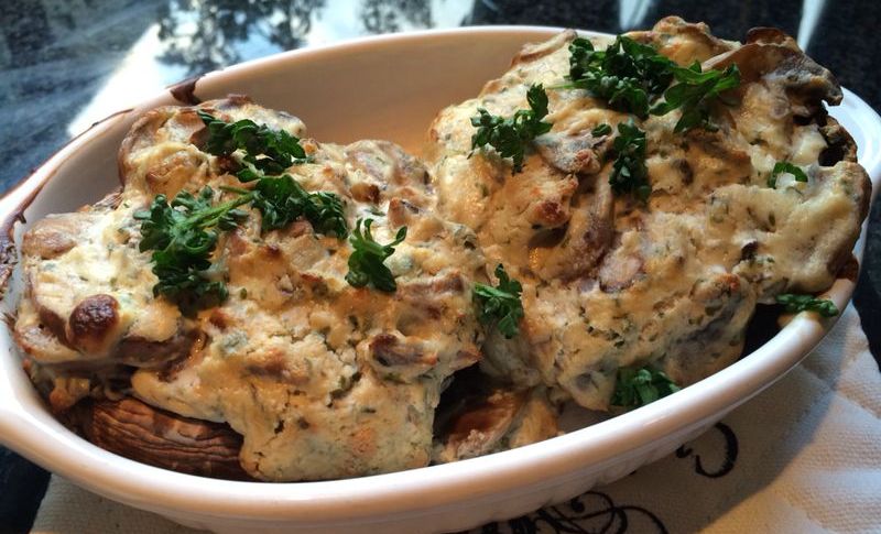 Succulent mushrooms filled with creamy herb cheese and crispy bacon bits