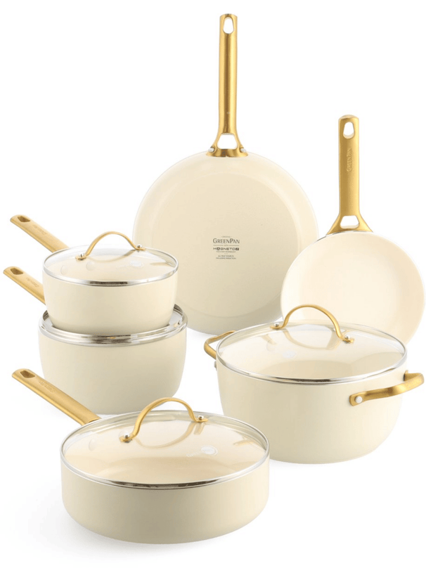 GreenPan Set de Ollas Padova Reserve Crema Blanca 6 piezas - Recubrimiento antiadherente cerámico - Olla ø 24 cm, Cazo ø 18, 20 cm, Sartén ø 20, 28 cm y Sartén para saltear ø 24 cm