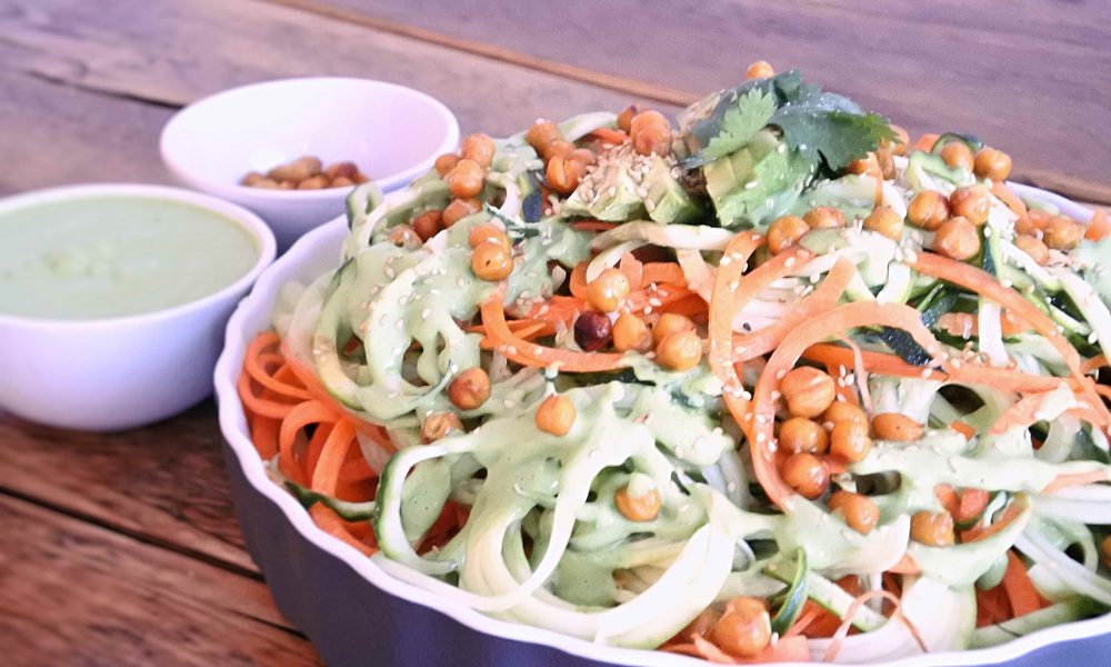 Fresh vegetable spaghetti with crispy chickpeas and a creamy coriander dressing