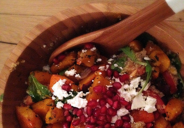 A nutritious and colorful salad with roasted pumpkin, quinoa and feta