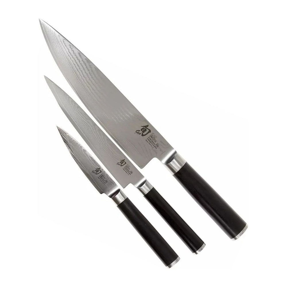 Kai Messenset Shun Classic 3-delig DMS-300 damaststaal met zwart heft, vrijstaand op witte achtergrond