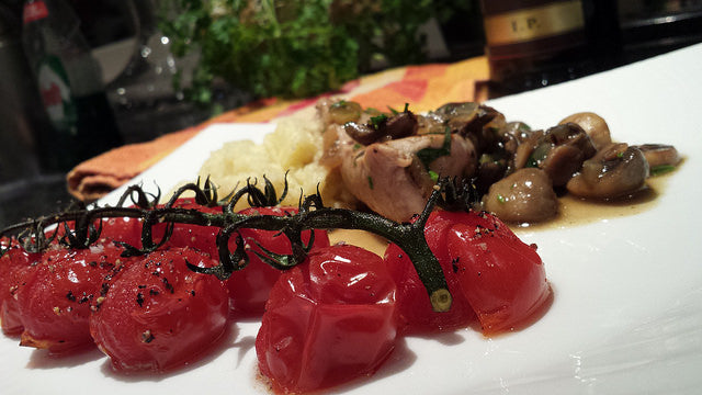 Juicy veal with a rich mushroom-Marsala sauce and garlic mash