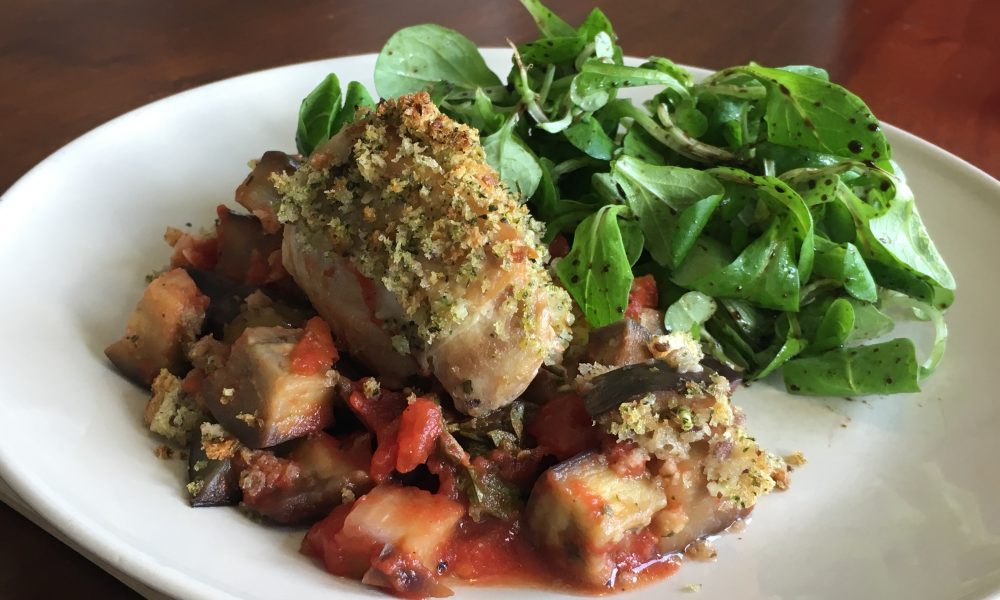 Juicy chicken with aubergine, tomato and crispy herb breadcrumbs