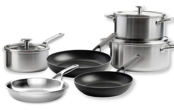 KitchenAid Set de ollas Multi-Ply Acero Inoxidable 6 piezas - Olla ø 20, 24 cm, Cazo ø 16 cm y Sartén ø 24 cm + Sartén Classic Forged ø 24 y 28 cm