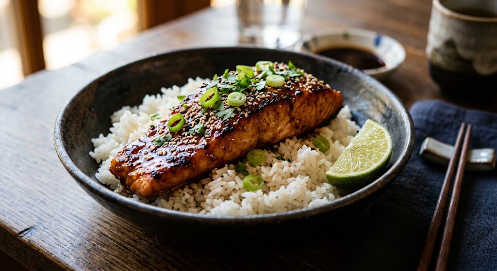 Juicy salmon, glossy teriyaki sauce and perfect rice from your rice cooker.