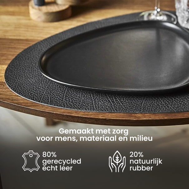 LIND DNA Manteles Individuales Hippo - Cuero - Antracita Negro - Curvado - 44 x 37 cm - 2 Piezas