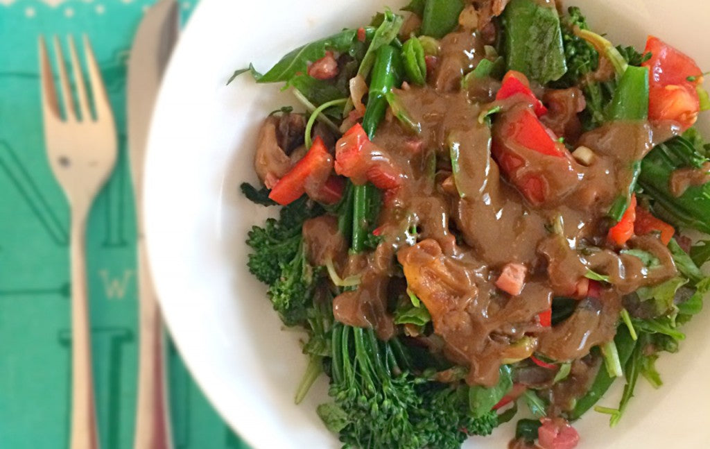 A nutritious salad with roasted oyster mushrooms, crunchy bacon lardons and a zesty balsamic dressing