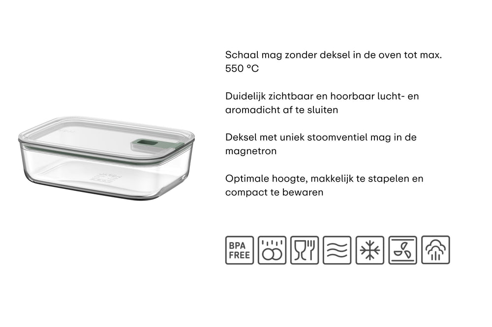 Mepal Fuente de horno / Fuente para lasaña con tapa EasyClip Nordic Sage - Vidrio - 2.25 litros