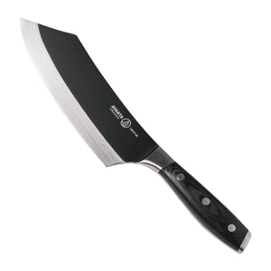 Messermeister BBQ Mes Avanta 20 cm met zwart titanium lemmet, vrijstaand op witte achtergrond