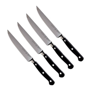 Messermeister Steakmessen Meridian Elite 12 cm 4 stuks met zwart heft, vrijstaand op witte achtergrond