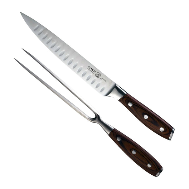Messermeister Juego para trinchar Avanta Madera Pakka 2 piezas - Cuchillo para carne con alveolos y tenedor trinchador