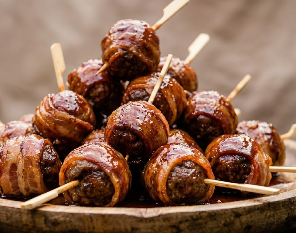 Crispy bacon, juicy meatballs and a sticky glaze. Perfect for snacking