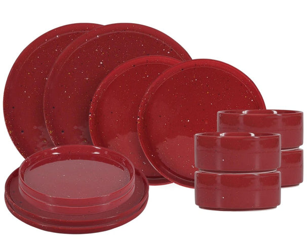 ONA Juego de vajilla Fika Burgundy 12 piezas / 4 personas - 4 platos de cena, 4 platos de desayuno y 4 cuencos