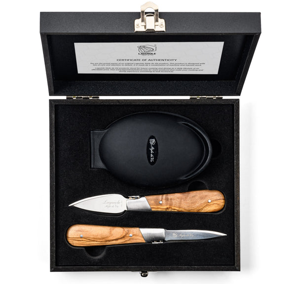 Cuchillos para ostras Laguiole Style de Vie con soporte para ostras Luxury Line Madera de olivo