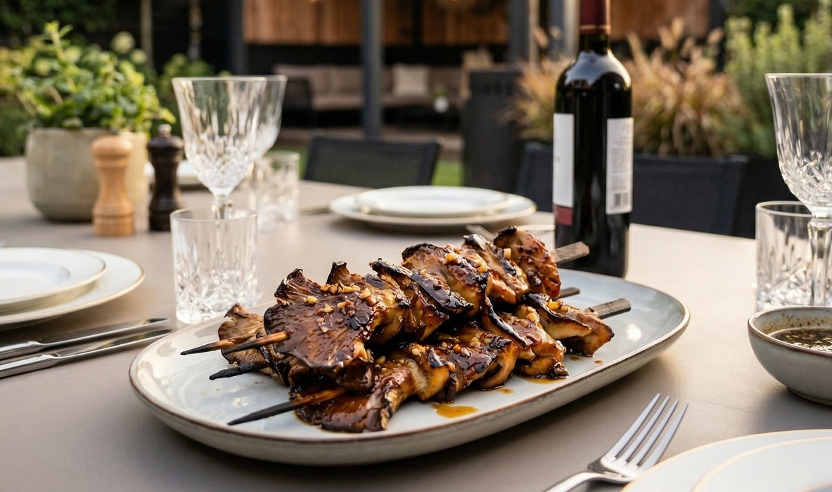 Umami-forward, juicy inside and lightly caramelized outside. The perfect vegetarian BBQ skewer