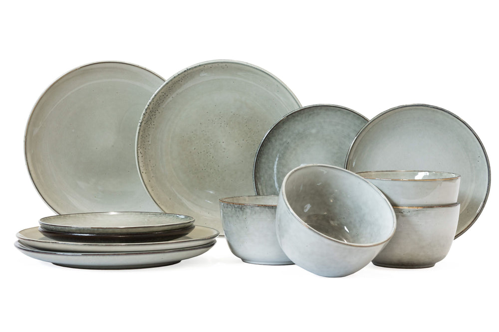 ONA Dinnerware Set Freckles Green 12-piece / 4 people - 4 dinner plates, 4 side plates, and 4 bowls