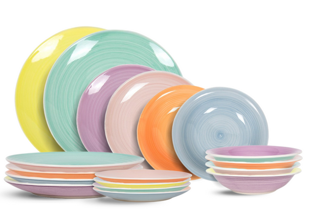 Cookinglife Juego de Vajilla Pastel Harmony 18 piezas / 6 personas - 6 platos llanos, 6 platos para desayuno y 6 platos hondos